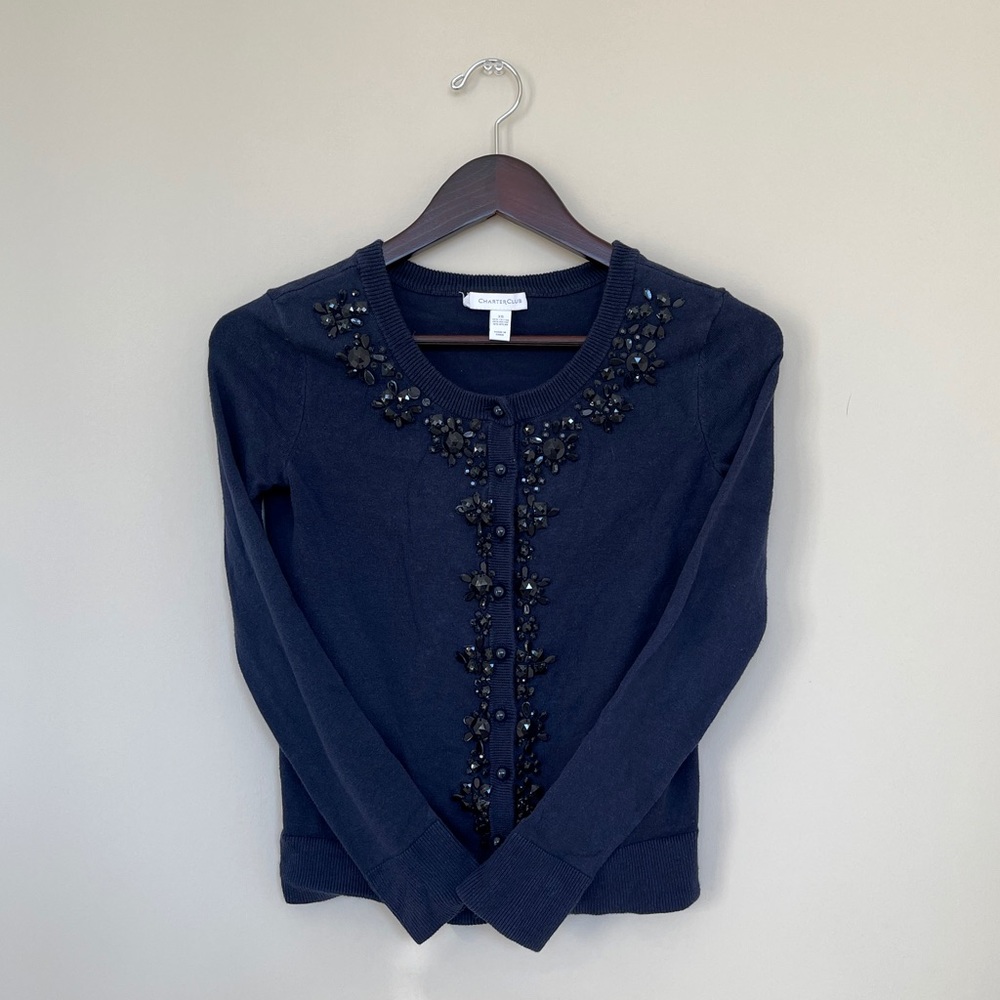 Navy blue jeweled long sleeve cardigan